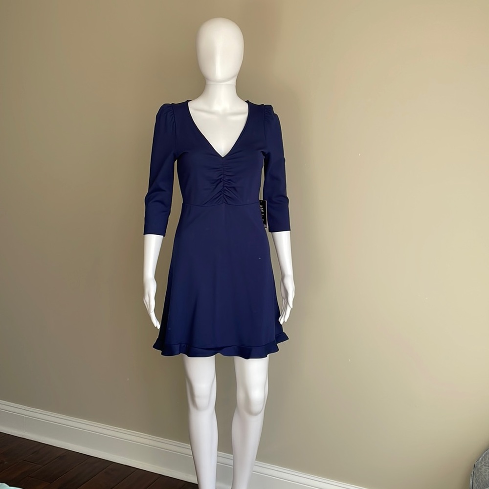 Express Women NavyBlue 3/4 Sleeve V Neck Casual Cocktail Ruffle Flare Work Dress